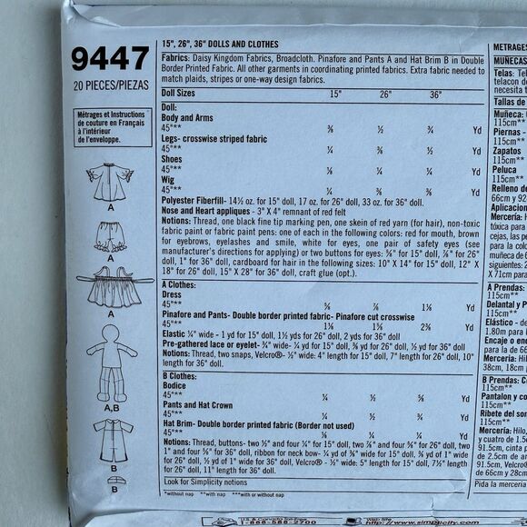 Simplicity Sewing Pattern 9447 Raggedy Ann & Andy Dolls Size 15" 26" & 36" UNCUT - Picture 2 of 3